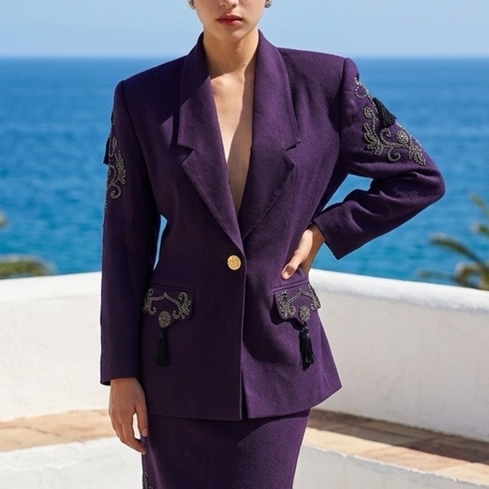 Criscione New York Purple Beaded Tassel Blazer Vintage 80s Gold Button Medium